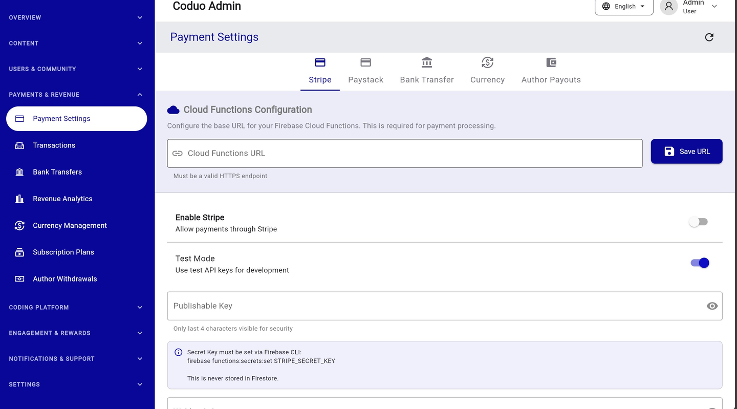 Coduo Admin Panel - Payment Settings Stripe Tab