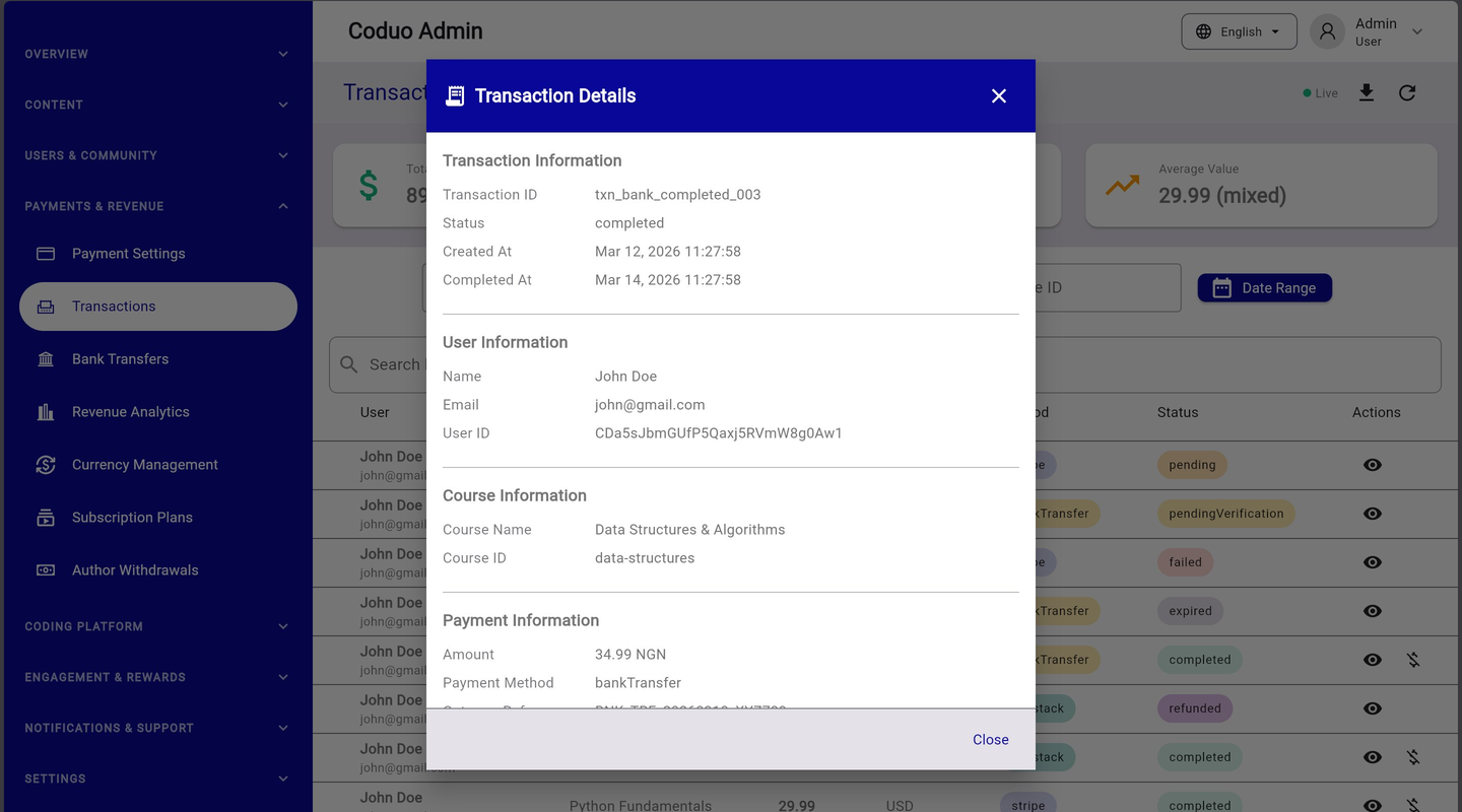 Coduo Admin Panel - Transaction Details Modal