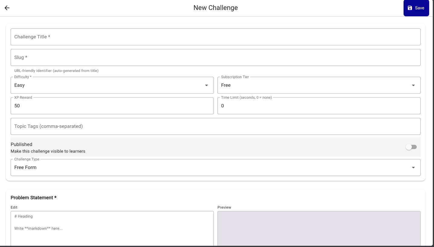 Coduo Admin Panel - New Challenge Form