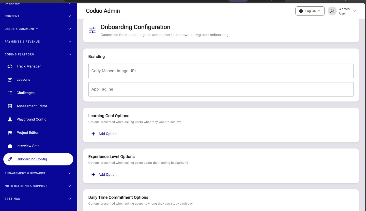 Coduo Admin Panel - Onboarding Configuration