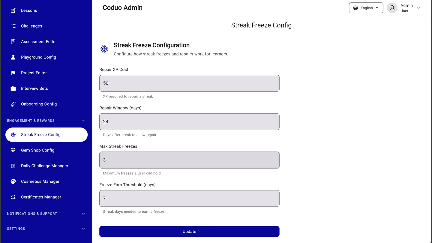 Coduo Admin Panel - Streak Freeze Config
