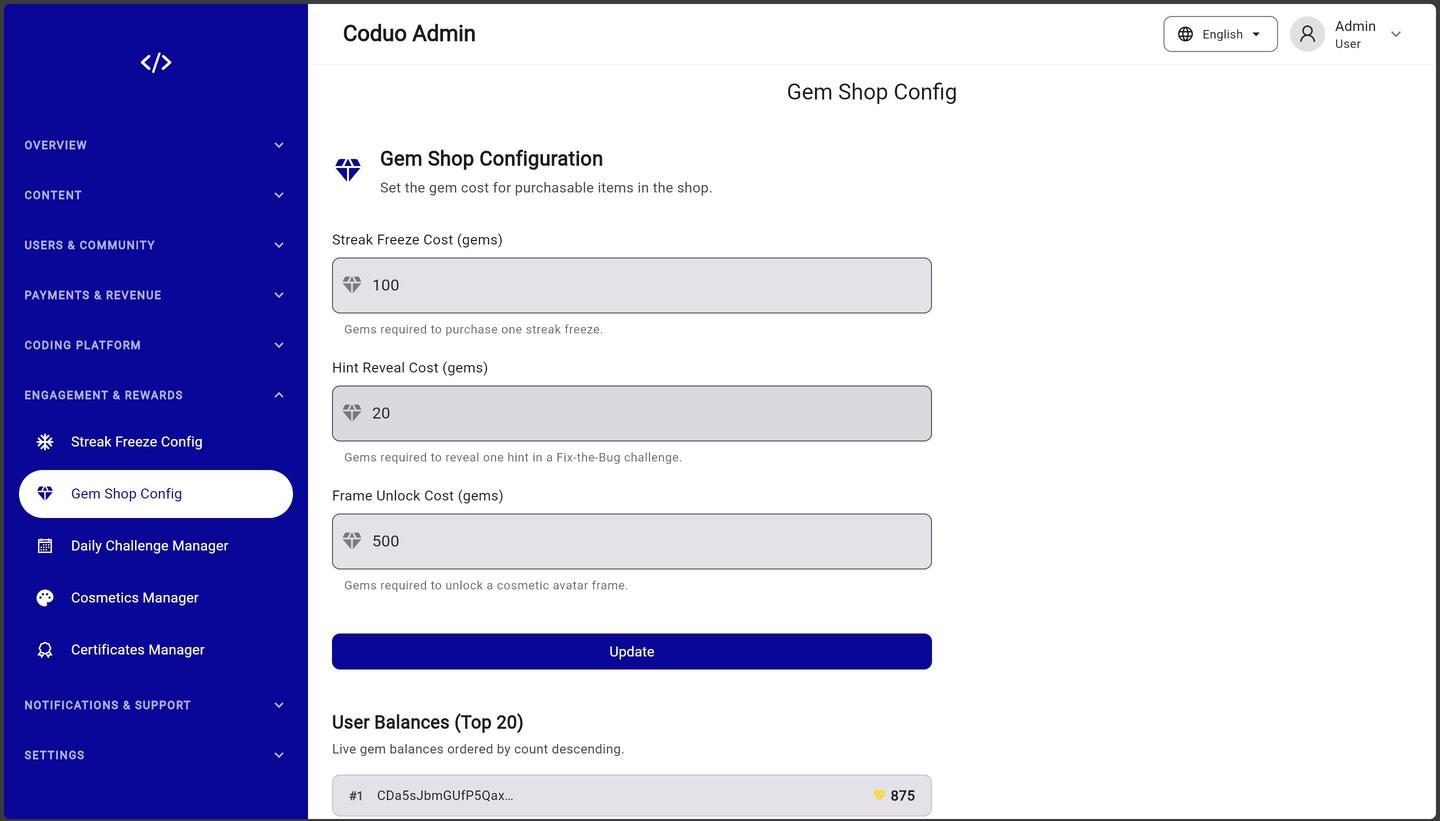 Coduo Admin Panel - Gem Shop Config