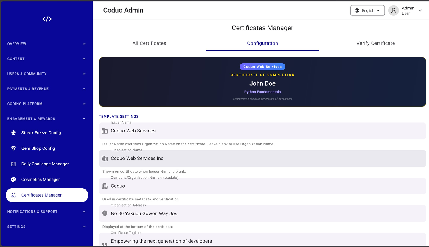 Coduo Admin Panel - Certificates Configuration