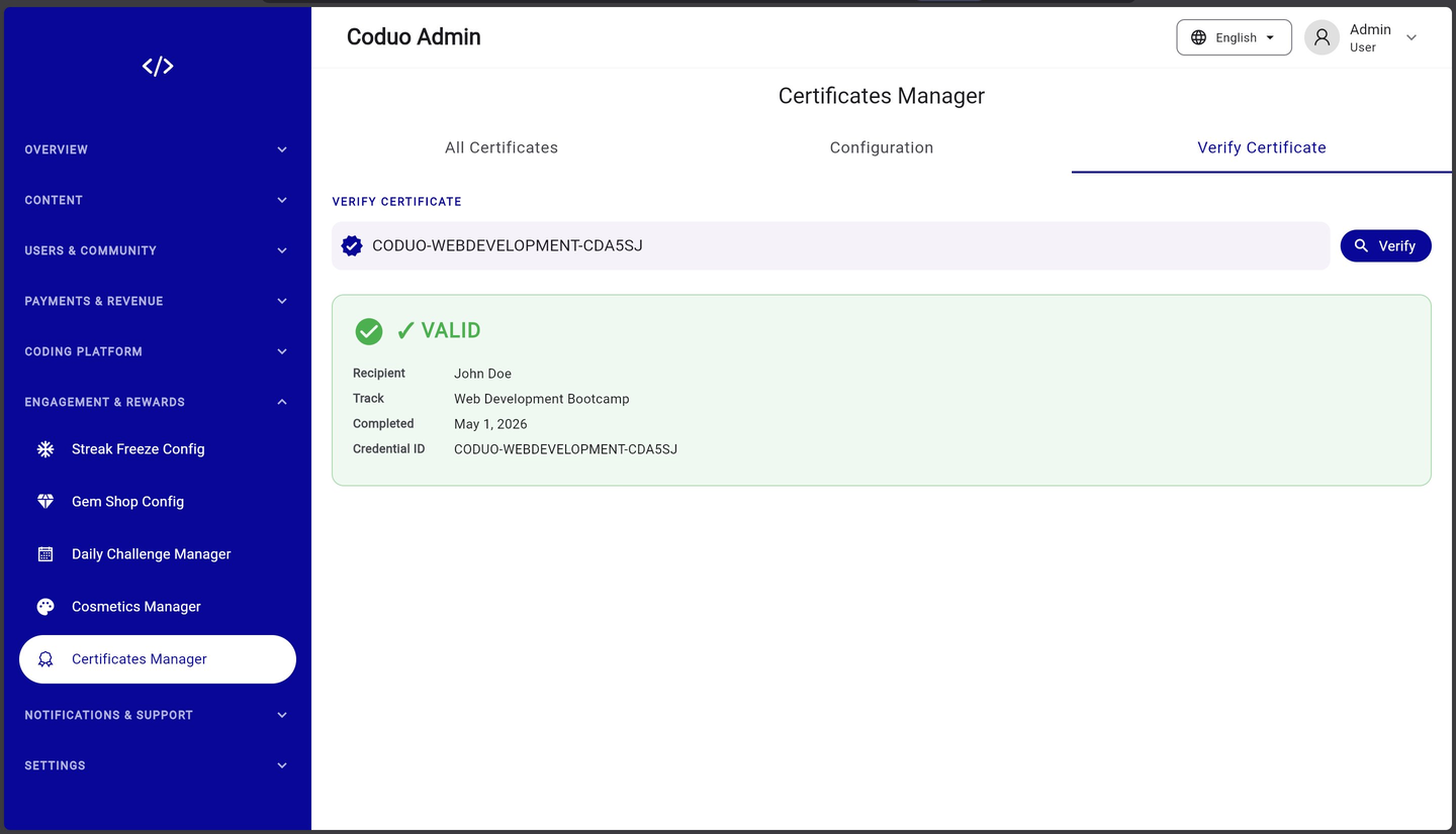 Coduo Admin Panel - Verify Certificate Valid Result