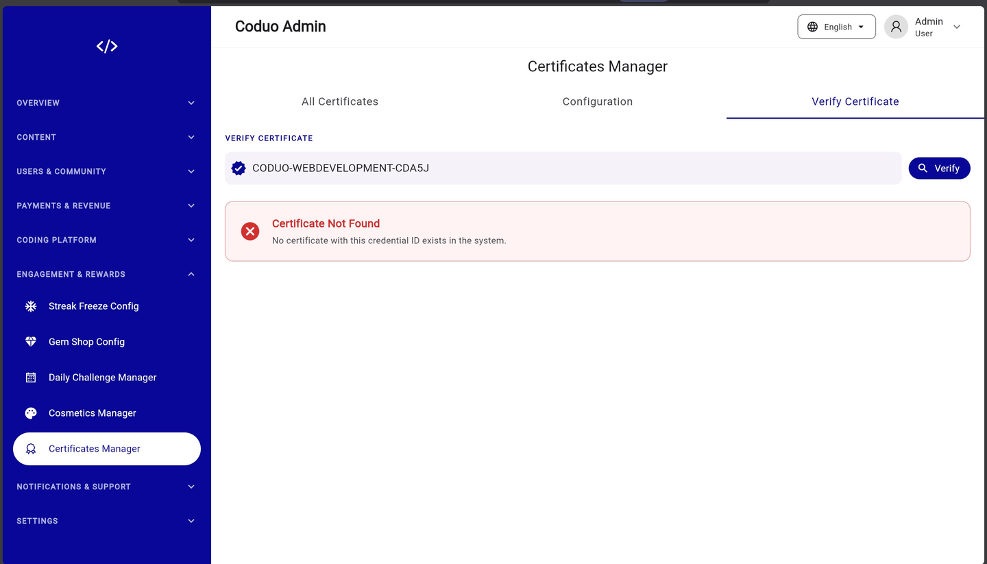Coduo Admin Panel - Verify Certificate Not Found Result