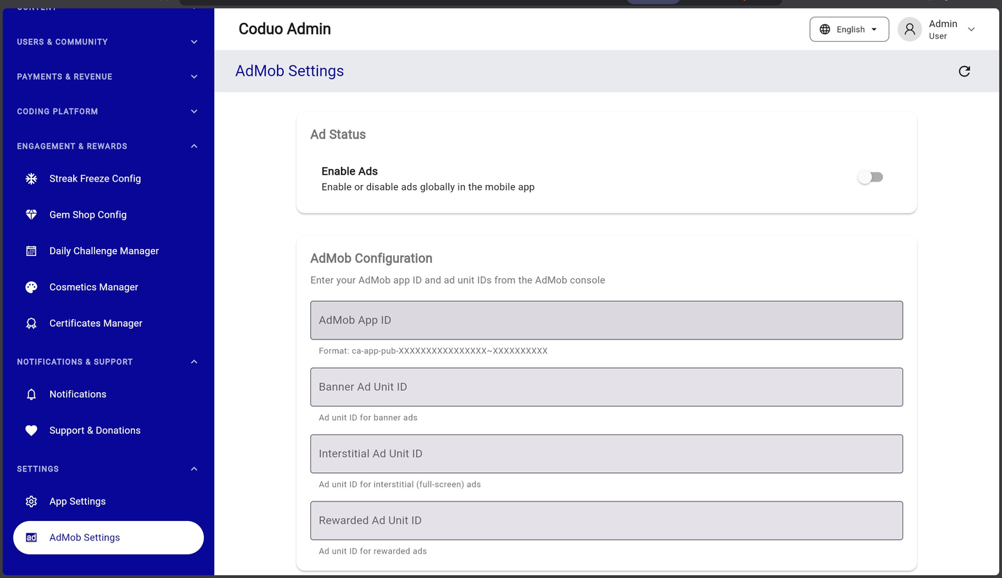 Coduo Admin Panel - AdMob Settings