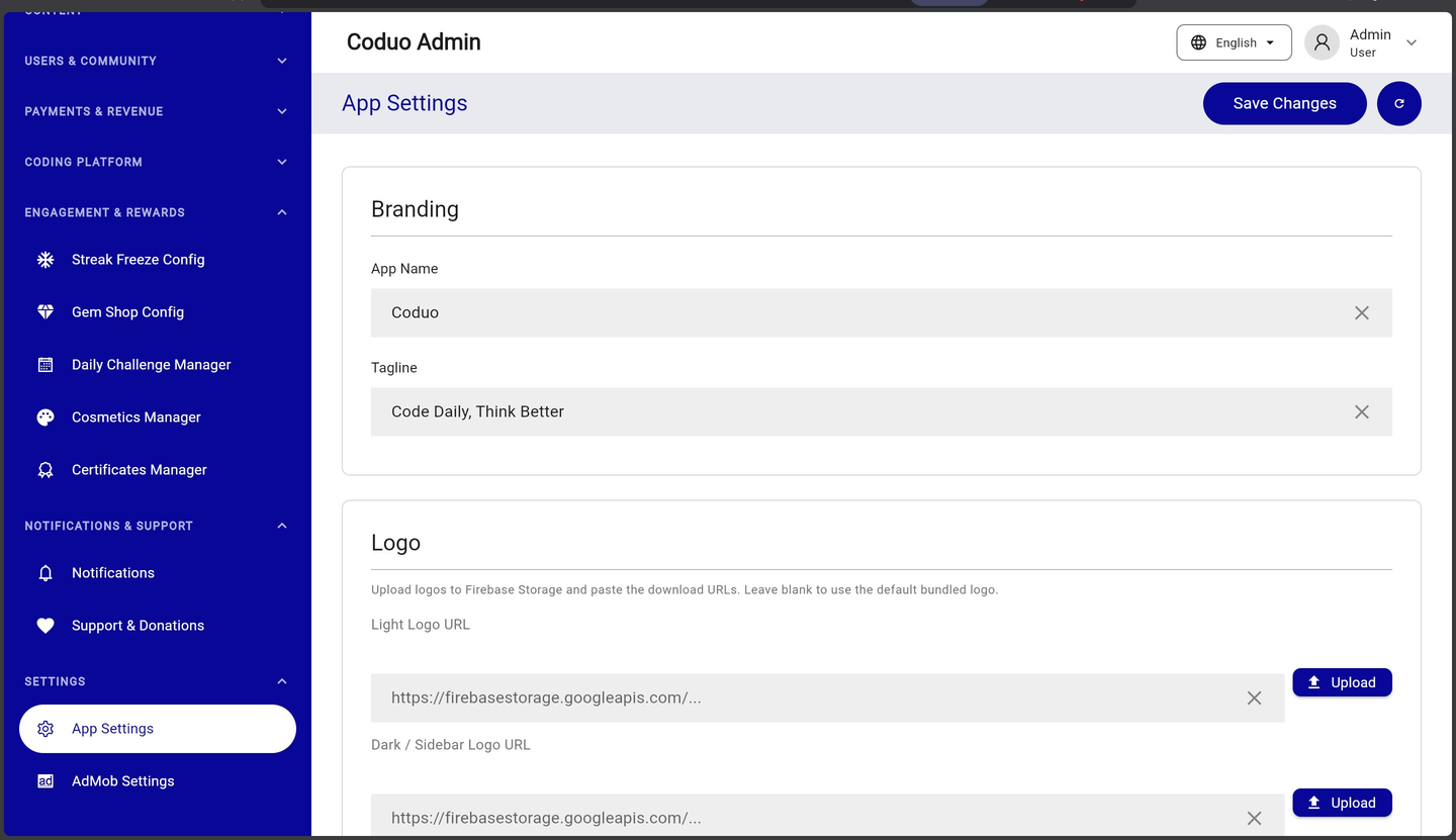Admin panel — settings section