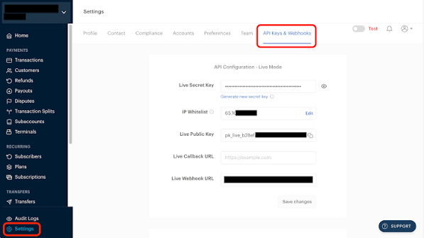 Paystack Dashboard API Keys and Webhooks settings page