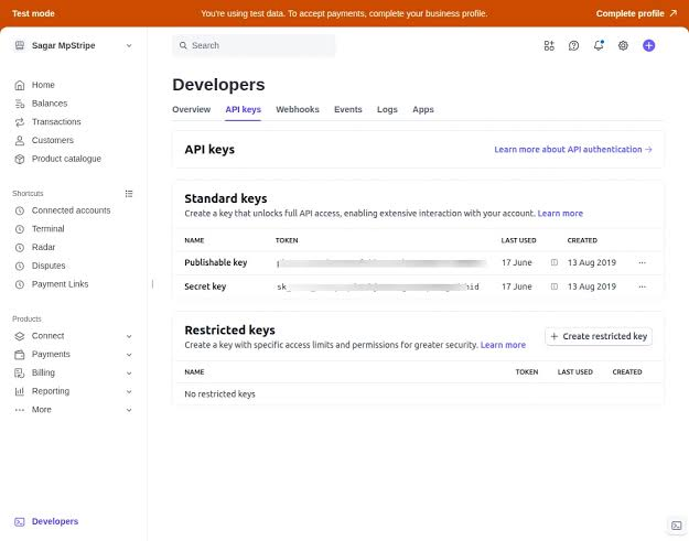 Stripe Dashboard Developers API keys page showing publishable and secret keys
