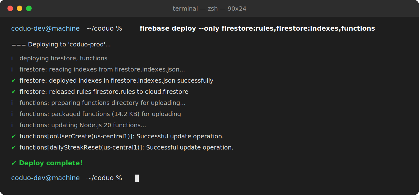 Terminal output showing a successful firebase deploy command