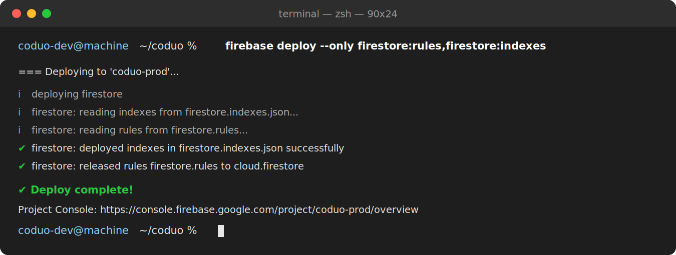 Terminal showing successful firebase deploy output for Firestore rules and indexes