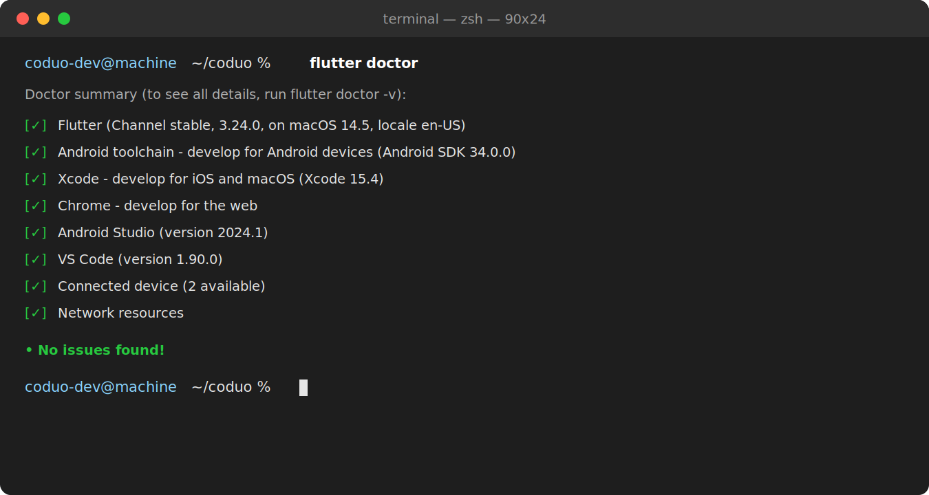 Terminal output of flutter doctor showing all tools installed and verified